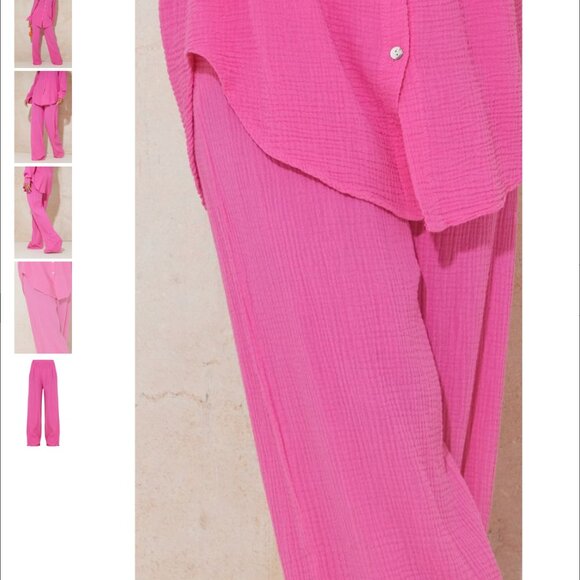 *Prettylittlething Hot Pink Crinkle Wide Leg Elasticated Waist Trousers NWT - Picture 4 of 8
